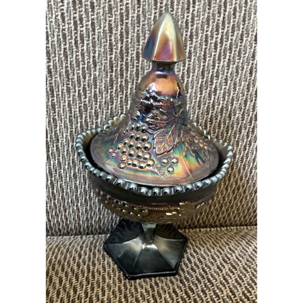 Northwood Amethyst Carnival Glass Sweetmeat Covered Container‎ Grape & Cable VTG